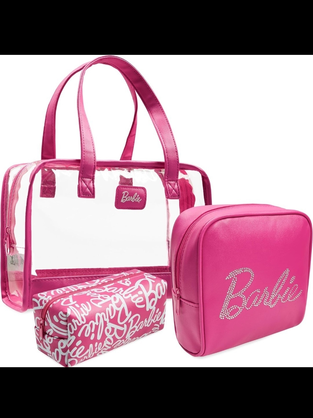 Barbie pink RHINESTONE Toiletry Bag Cosmetic Travel Clear Tote Set of 3 Bags NEW